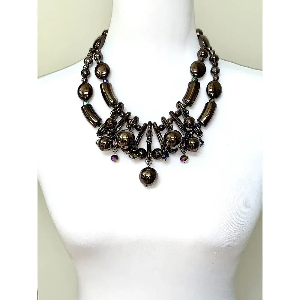 Vintage You & I Dark Metallic Chunky Beaded Statement Bib Necklace